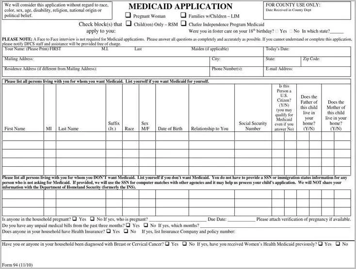 Medicaid Application Form For Pregnancy