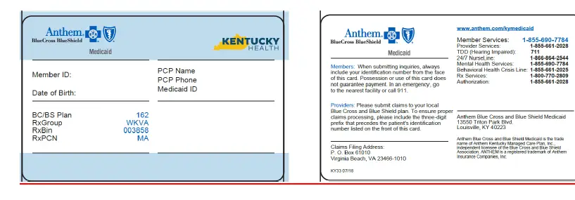 Anthem Blue Cross Blue Shield Insurance Card