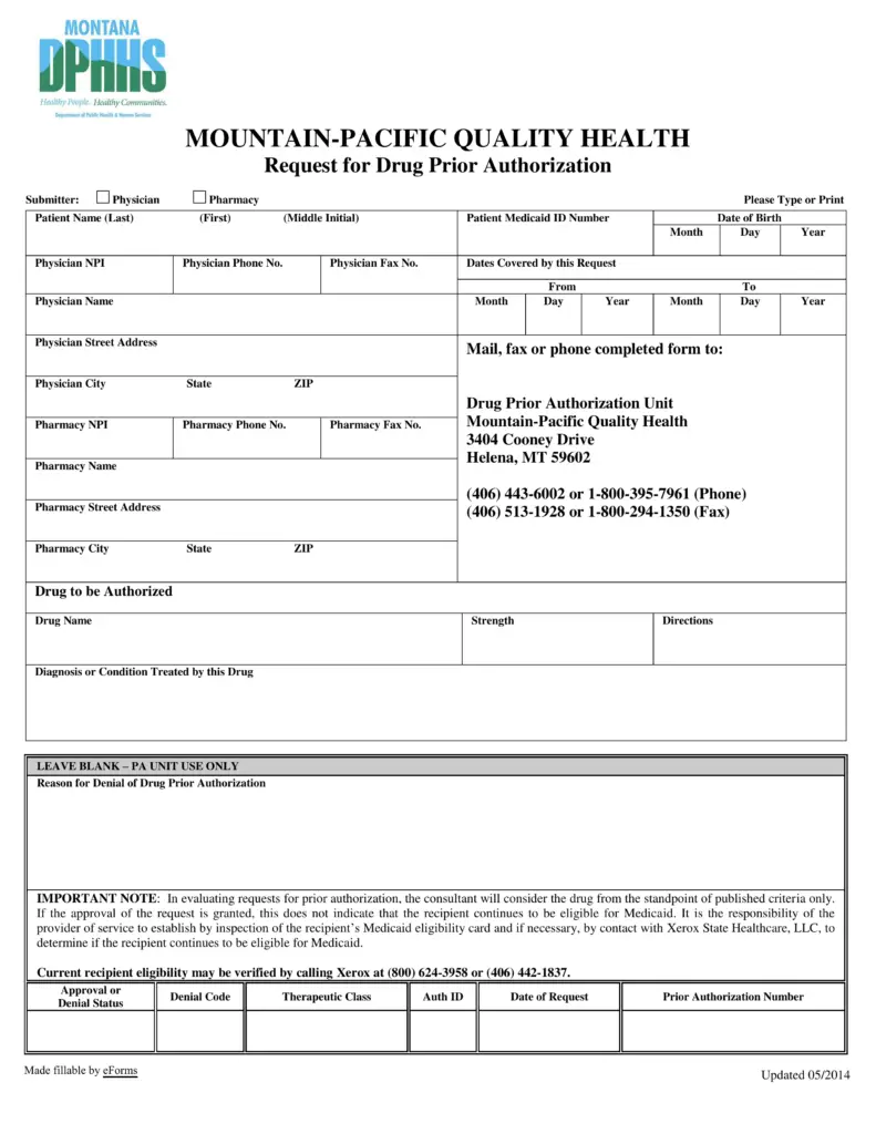 Free Montana Medicaid Prior (Rx) Authorization Form
