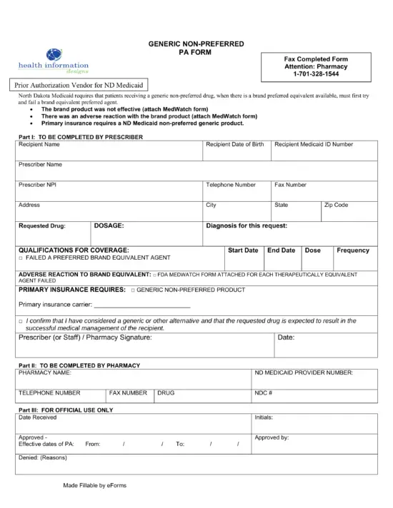 Free North Dakota Medicaid Prior Authorization Form
