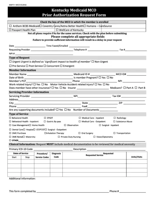 Fillable Kentucky Medicaid Mco Prior Authorization Request Form ...
