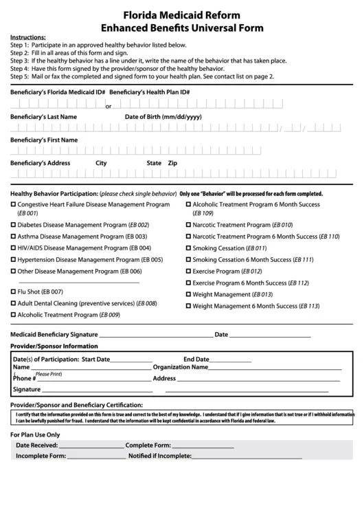 Florida Medicaid Reform Enhanced Benefits Universal Form printable pdf ...