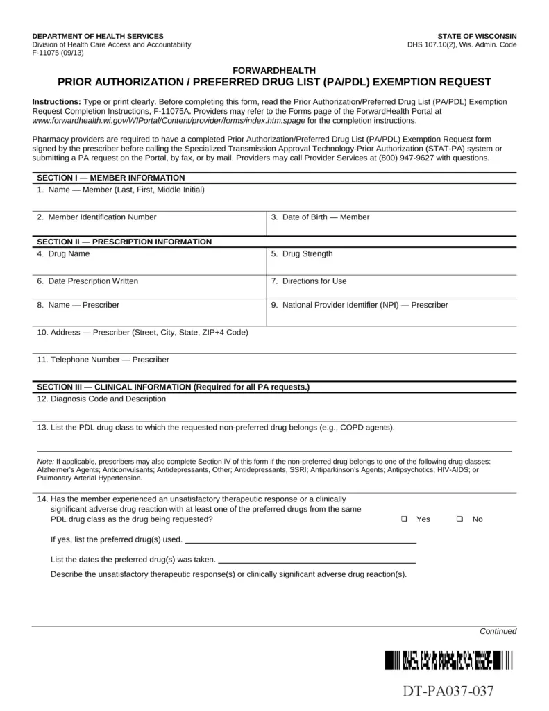 Free Wisconsin Medicaid Prior (Rx) Authorization Form