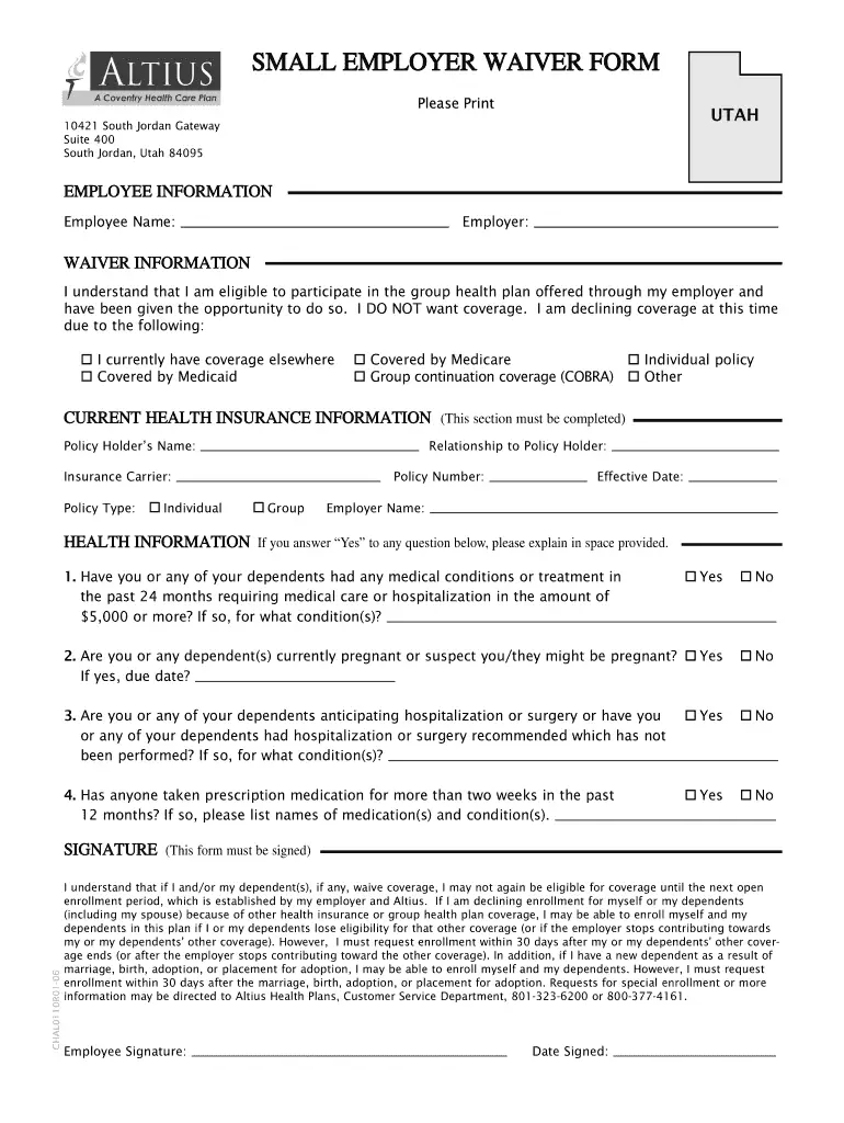 UT Altius Small Employer Waiver Form 2006