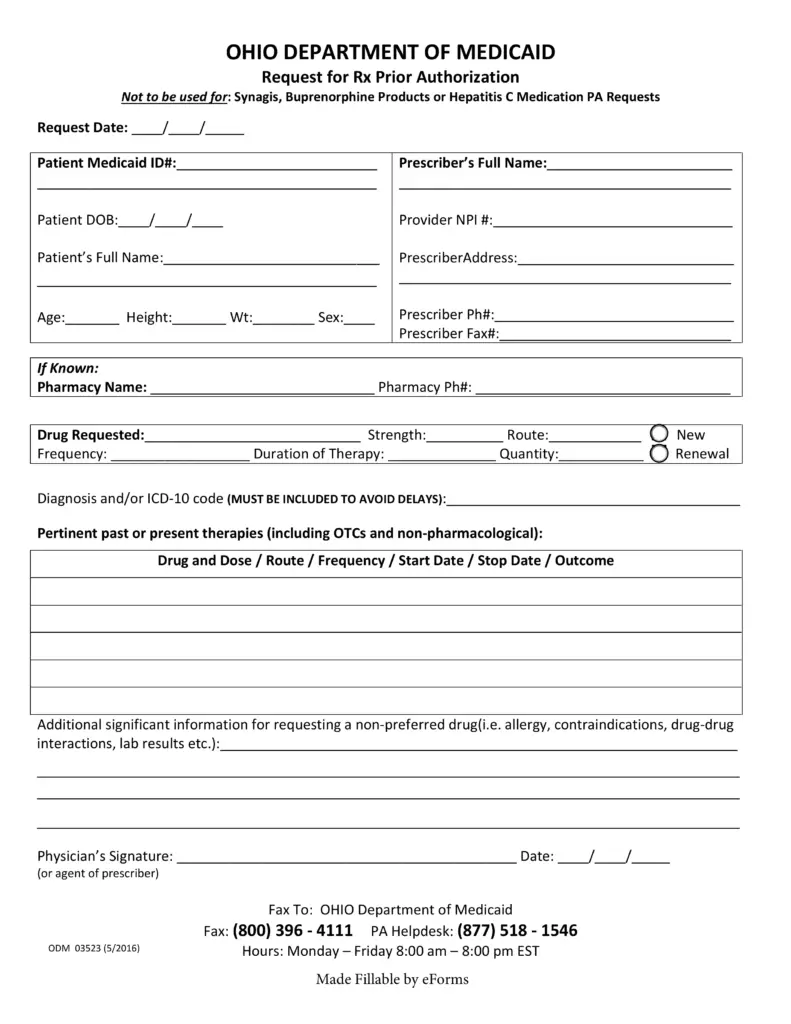 Free Ohio Medicaid Prior Authorization Form
