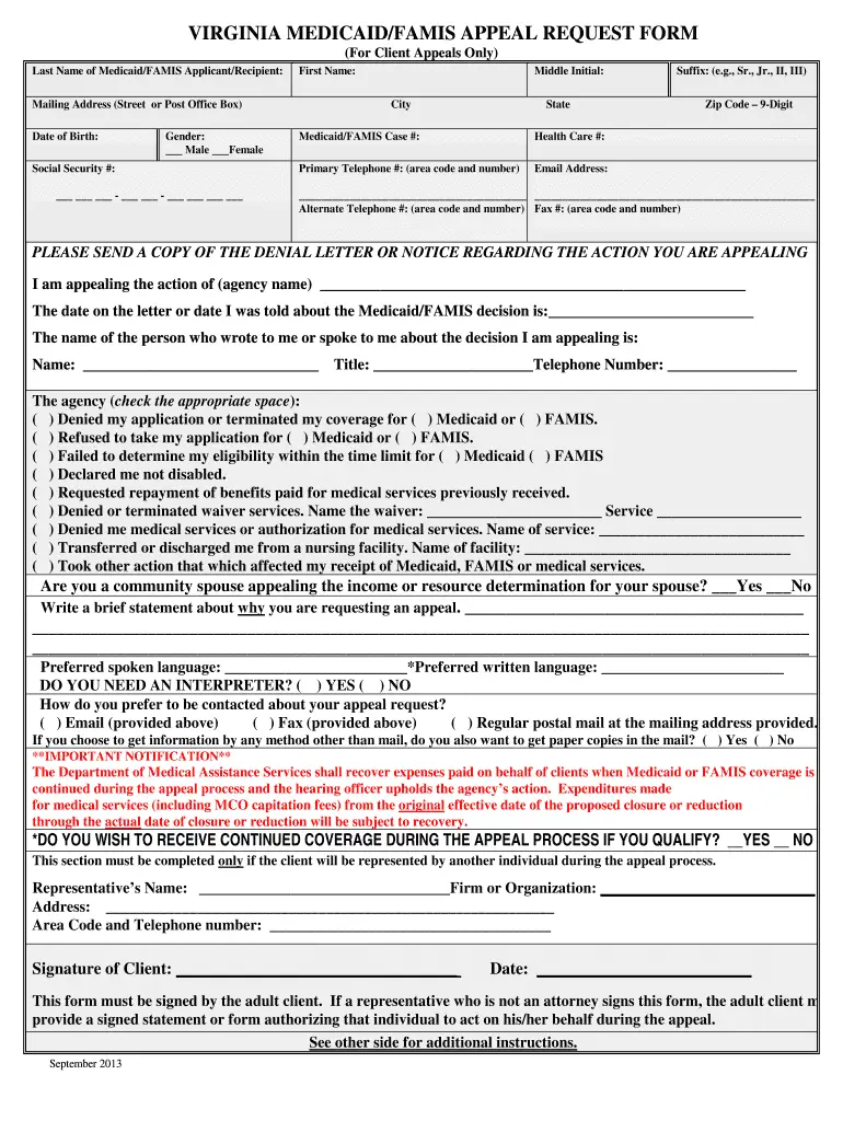 VA Medicaid/Famis Appeal Request Form 2013