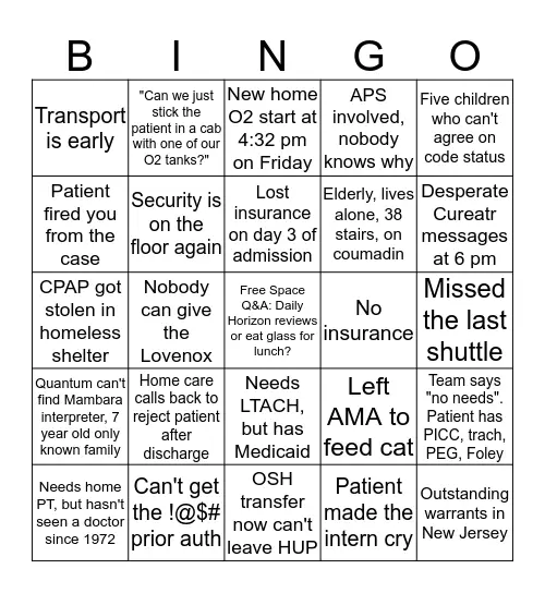 Discharge Planning Bingo Card