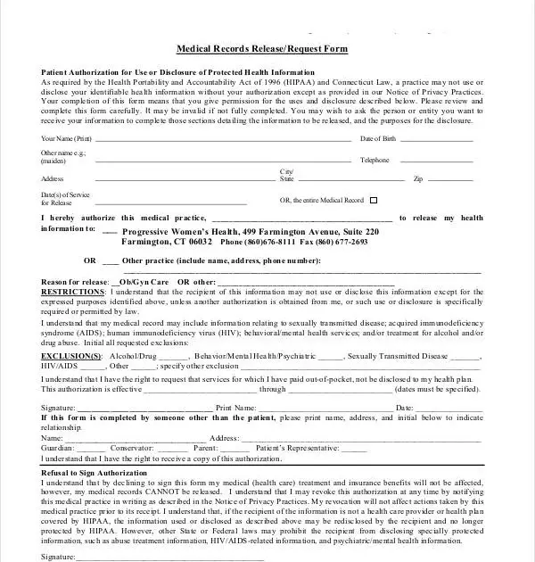Form For Authorization Medical Release Records